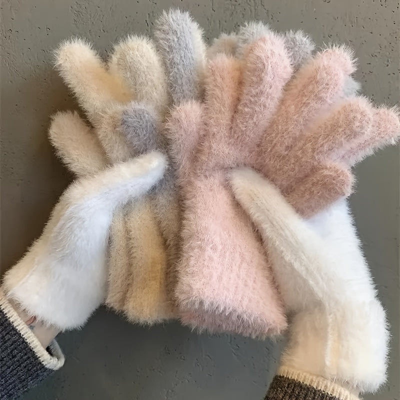 Women's Cozy Plush Winter Gloves - Warm, Stretchy Full-Finger Touchscreen Compatible Mittens in Solid Colors